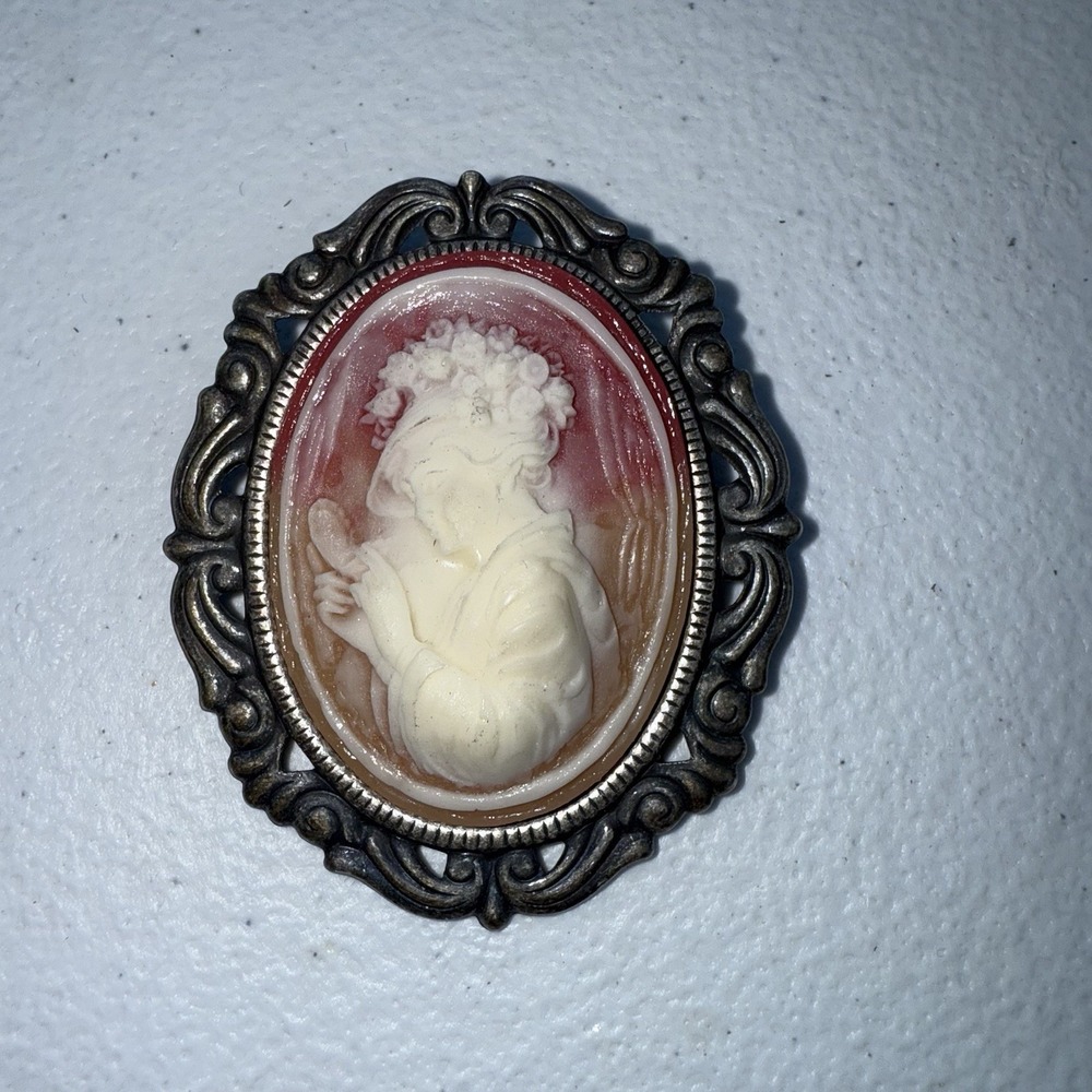 Cameo Brooch Pin Ornate Victorian Hat Lady Red